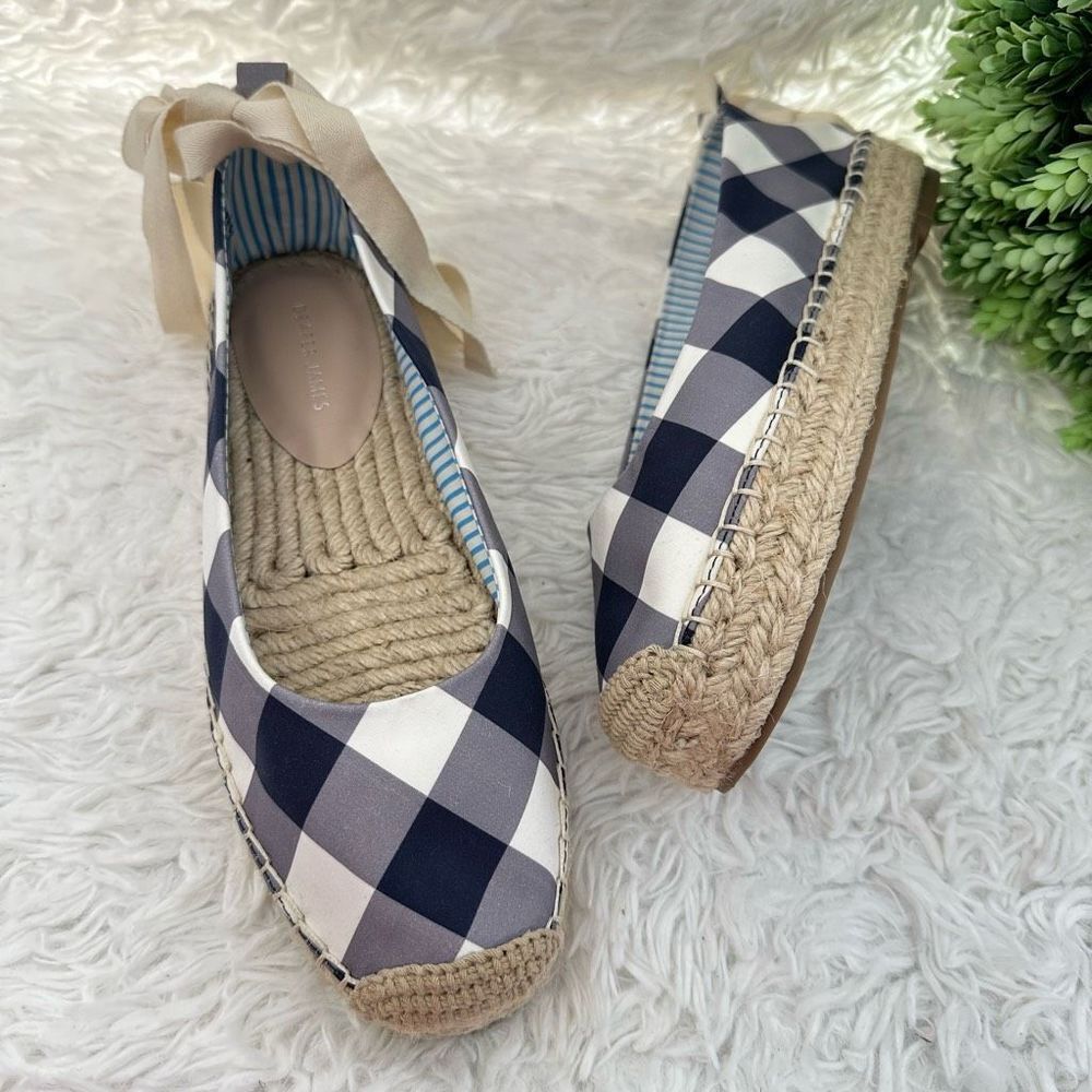 Draper James Blue Cream Gingham Check Plaid Espadrille Ballet Tie Flats 8